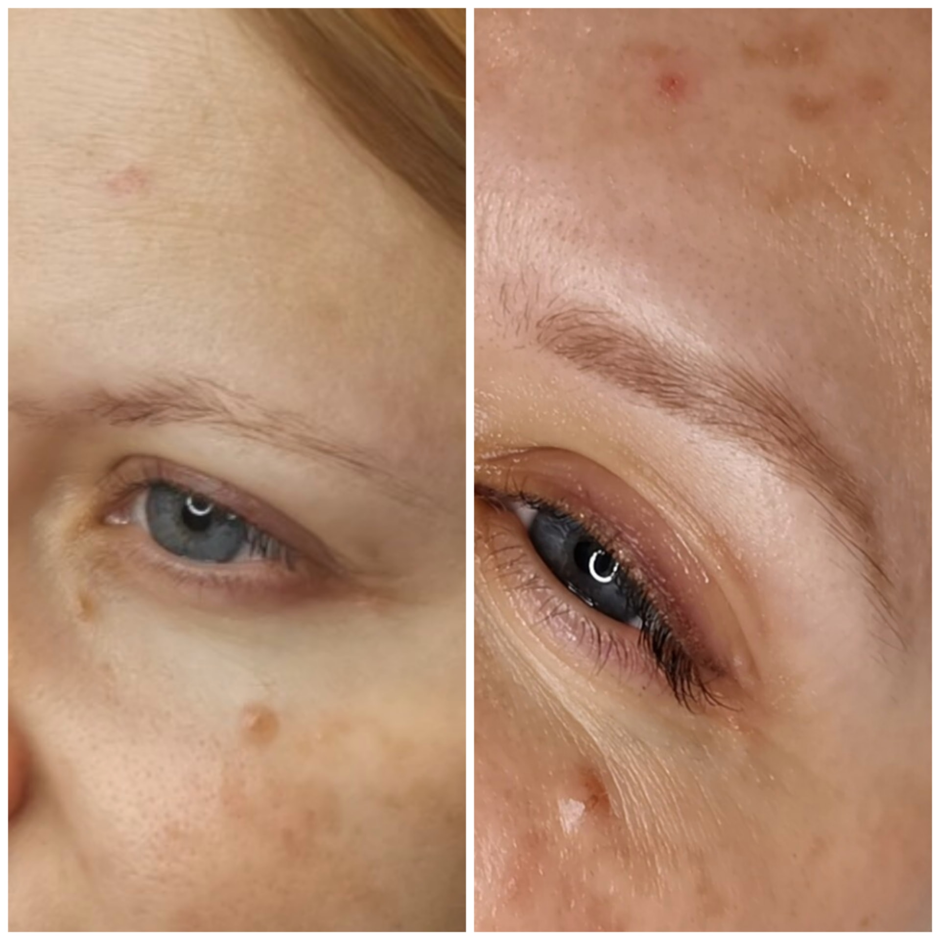 Powder Brows før behandling og efter heling